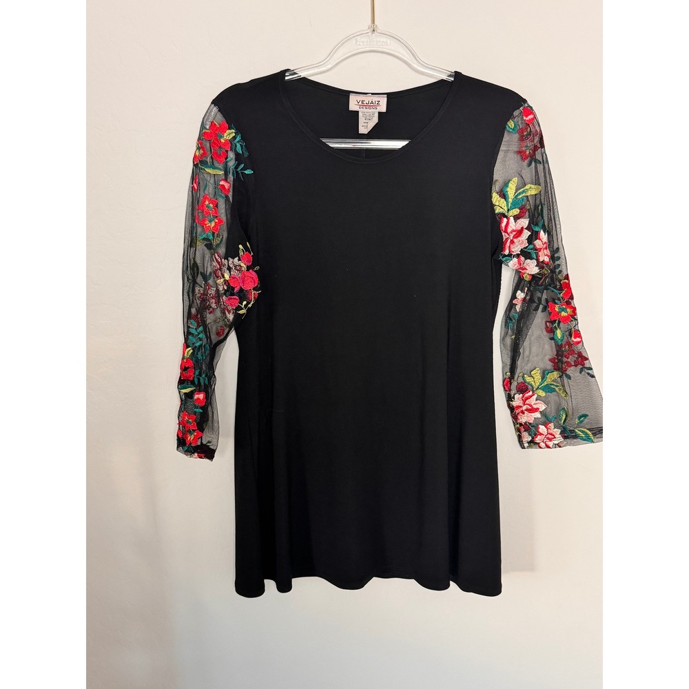 Vejaiz Designs Womens Black Floral Embroidered Mesh Sleeve Top Blouse Small USA